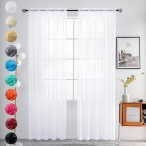 youleyar Sheer Rod Pocket Curtain Voile Draperies 2 Panels White Beige Black Grey Coffee 52 Inch Width 84 Inch Long 1 Pair for Kitchen Bedroom Children Living Room Yard (Optical White,52W84L)
