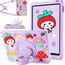 for iPad 9th 8th 7th Generation Case Kids Girls Strawberry Cover for iPad 10.2 Inch with Rotating Kickstand Shoulder Strap Soft Silicon Shockproof Protective Tablet Cover for 9/8/7 Gen 10.2 inch (Patterned Purple)