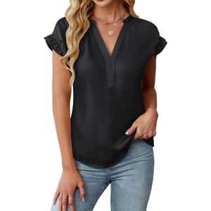 BMJL Womens Tops Dressy Casual Blouses Summer Tops Trendy V Neck Short Sleeve Shirts Business Casual Outfit (Large, Black)