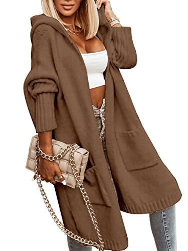 Aoysky Womens Long Cardigans Cable Knitted Open Front Oversized Hooded Outerwear Sweater Coat Brown S