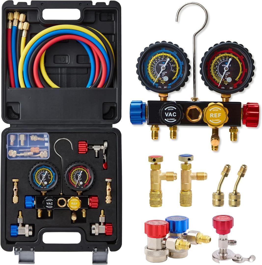 AC Gauge Set R410a R134a R22, Automotive 4 Valve AC Manifold Gauge with 5ft Hoses, Quick Couplers, Adapters, Puncturing Can Tap Tools for R410a Refrigerants Charging and Evacuation