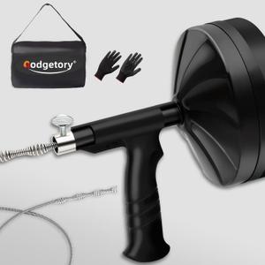 50 FT Drain Snake Auger - Flexible & Powerful Snake Drain Hair Remover Tool, for Kitchen, Shower & All Drains - Manual or Drill-Powered with Gloves, Storage Bag (Black)