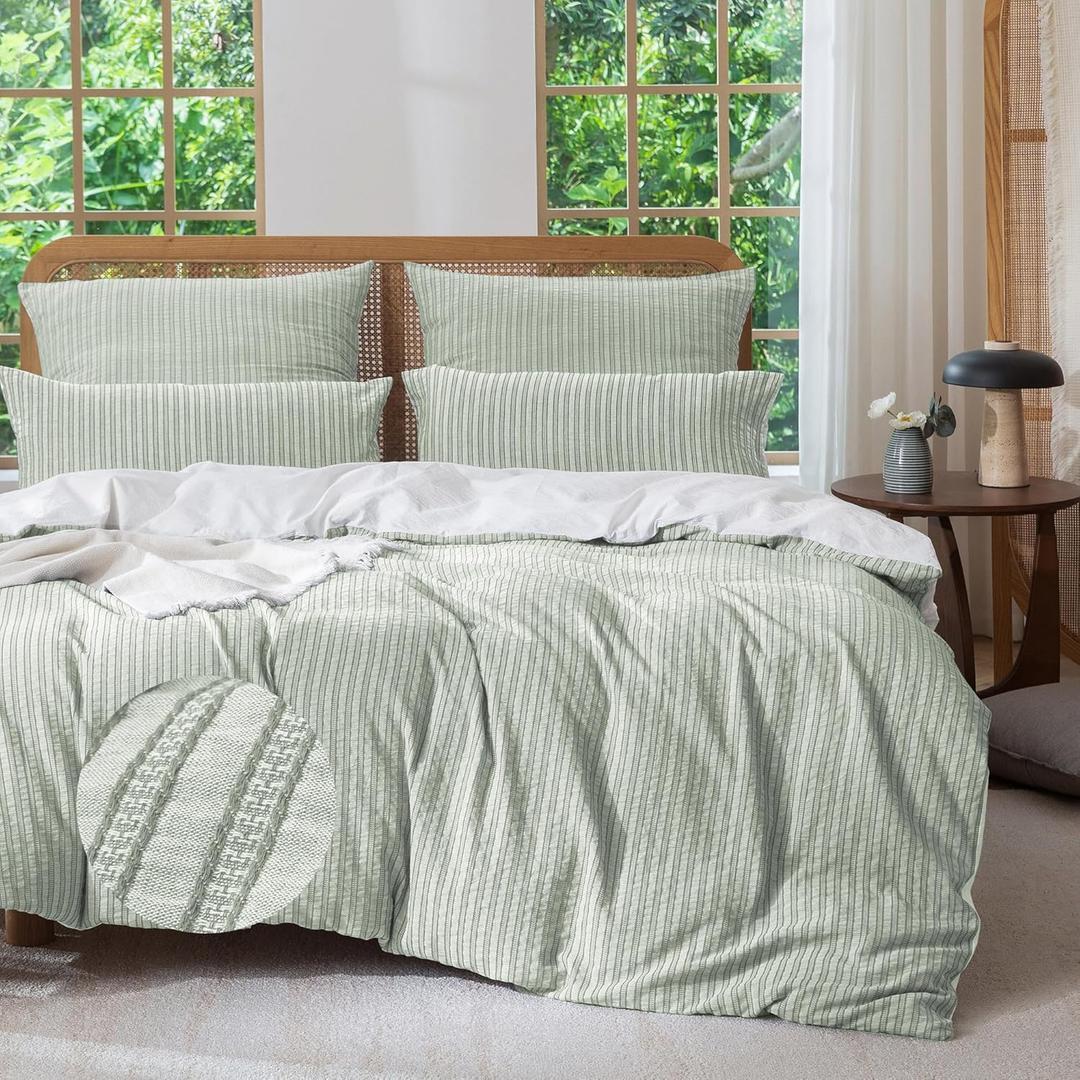 MILDLY Jacquard Stripe Duvet Cover - Sage Green 100% Washed Cotton Boho Textured Comforter Cover Set with Zipper Closure 104"x90"