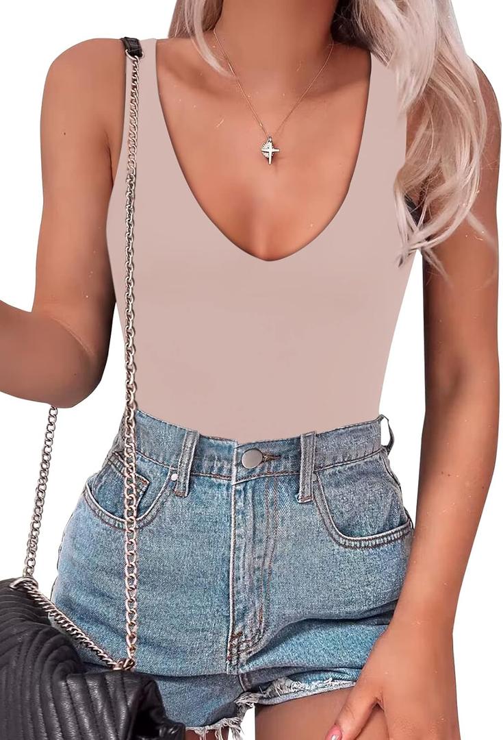SAUNGKUAI Womens Bodysuit Sexy Plunge Deep V Neck Backless Sleeveless Tank Thong Body Suits Outfits for Going Out (Small, Taupepink)