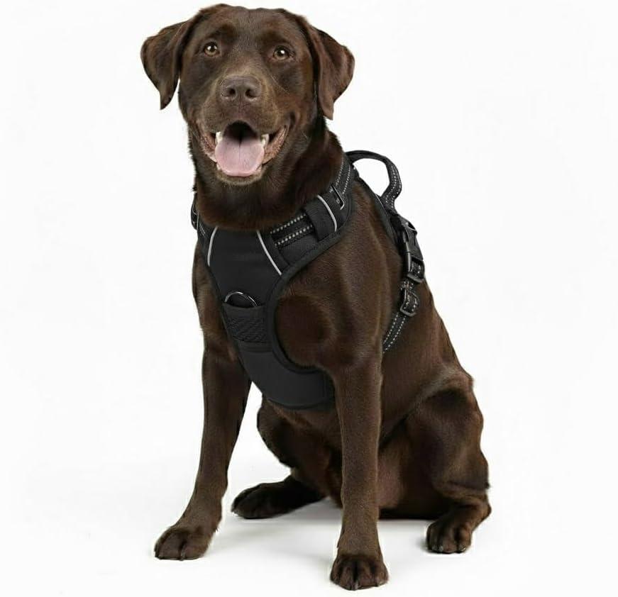 No Pull Dog Harness, Reflective Comfortable Vest Harness with Front & Back Easy Control Handle Adjustable Soft Padded Pet Vest for Small to Large Dogs (Large,Black)