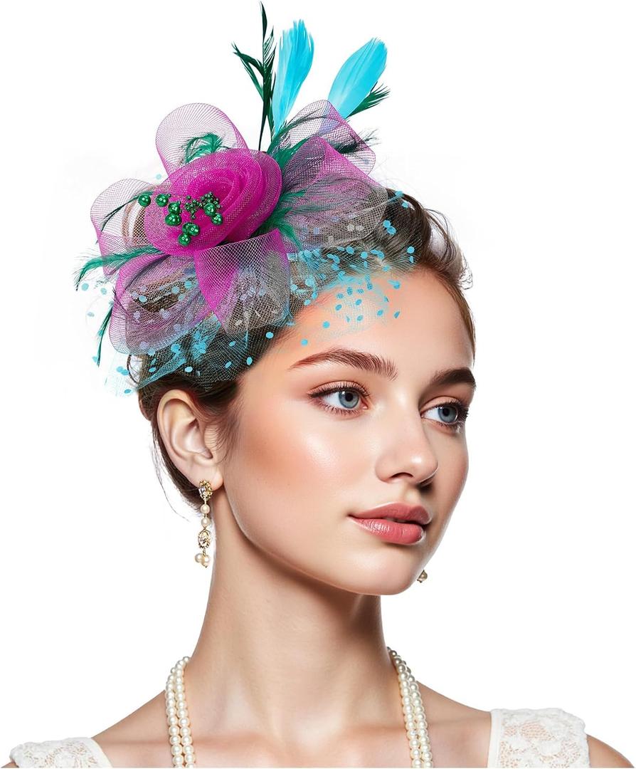 Zando Kentucky Fascinators Hats for Women 2026 Derby Tea Party Hats for Women & Girls Flower Mesh Feathers Headband Fancy Headwear Hair Clip for Wedding Church Green & Hot Pink & Blue Fascinator