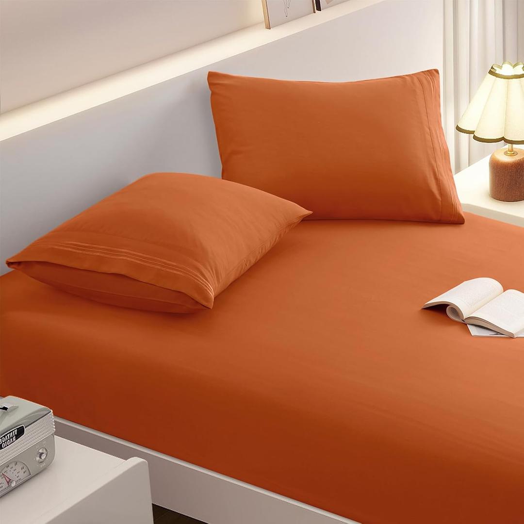 Queen Fitted Sheet with 2 Pillowcase Soft Microfiber Sheet Set 16" Deep Pocket Bed Sheets, Wrinkle Free and Easy Care Bottom Sheet for Queen Size Bed, Burnt Orange