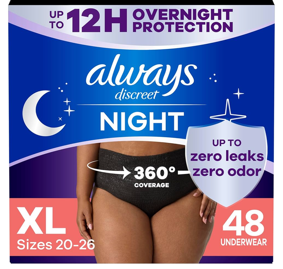 Always Discreet Adult Incontinence Overnight Underwear for Women, Extra Large, Up to 100% Bladder Leak Protection, 48 Count (3 Packs of 16)