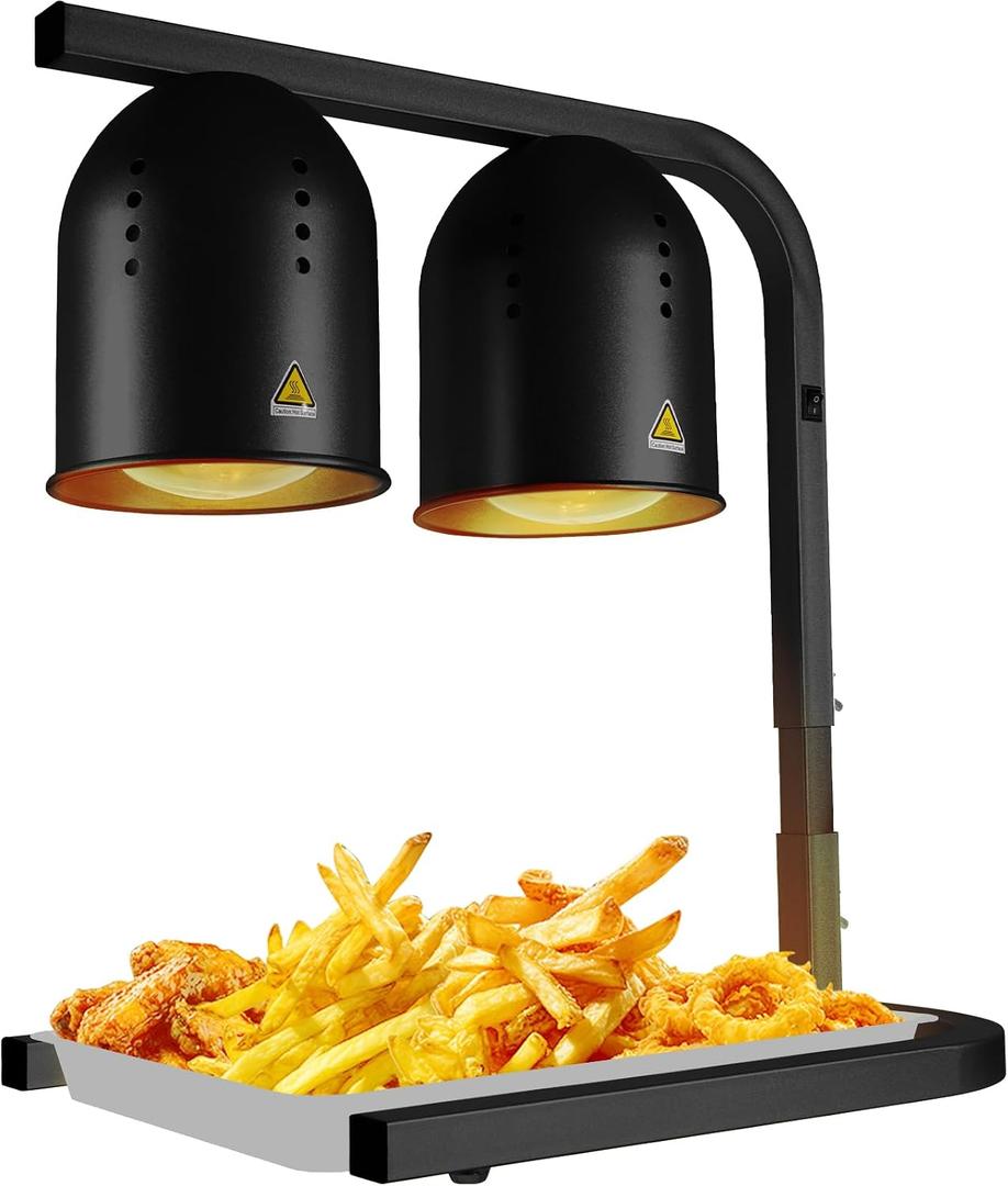 Heat Lamp for Food, with Two 250W Bulbs for Fast and Even Heating, Food Heat Lamp with Adjustable Height Stand, Commercial Food Warmer Lamp for Home, Fast Food Restaurant, Buffet, Bakery Black