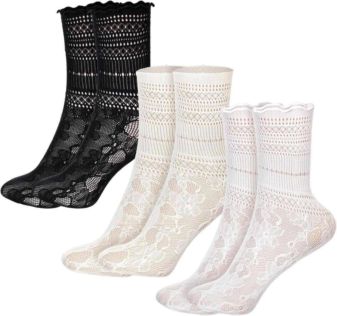 3Pairs Girly Scalloped Lettuce Ankle Sock, Ruffle Crew Socks Women, Lace Casual Cute Breathable Knit Lettuce Trim Frilly Socks ( No Size )