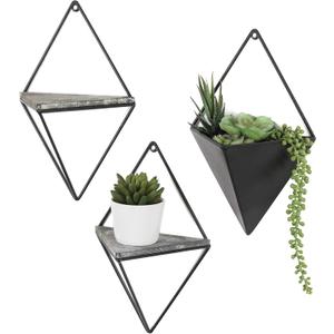 MyGift Indoor Wall Planter and Wooden Wall Display Shelves with Black Metal Frames Metal, 3Piece Set