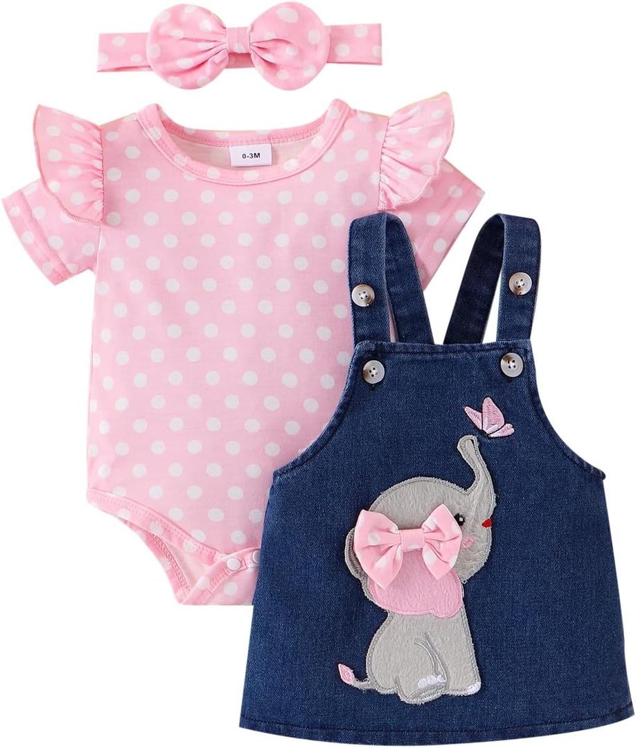 Baby Girl Clothes Suspender Skirt Newborn Ruffled Romper + Elephant Jeans Dress + Headband Summer Outfits9-12 Months