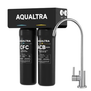 AQUALTRA USF-2F-10 Slightly Alkaline Under Sink Filter System, 20K Gal with Faucet, Reduce PFOA, PFOS, Chlorine, Lead, Mercury, Chloramine, Fluoride, Microplastics Particles, Bad Taste & Odor
