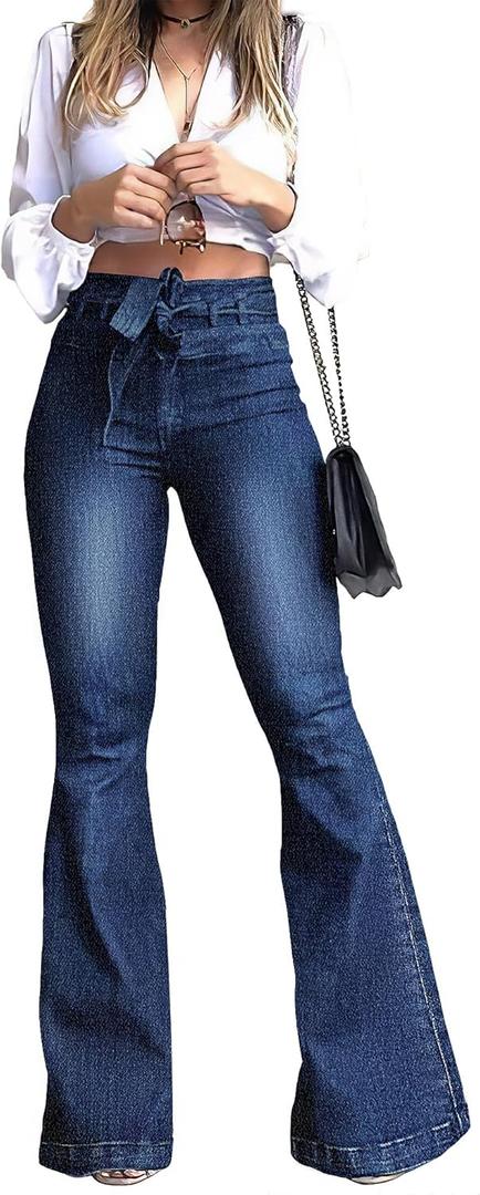 Pantete Womens High Waisted Bell Bottom Jeans Denim High Rise Flare Jean Pants with Wide Leg and Belt (Large, Vintage Blue)