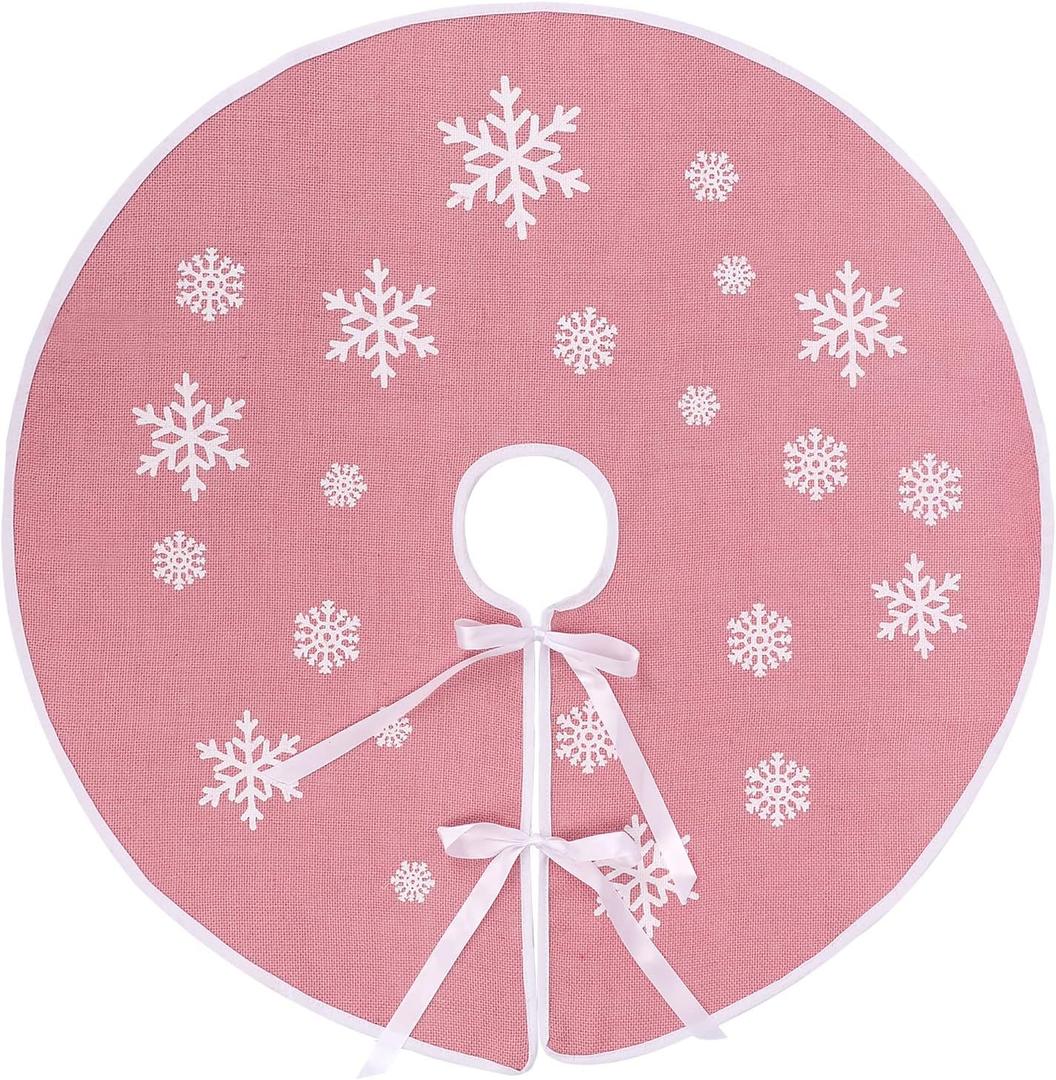 MACTING Christmas Small Tree Skirt, 30 Inch Burlap Pink Tree Mat with White Snowflake Printed for Xmas Tree Farmhouse Holiday Party Indoor Home Decorations