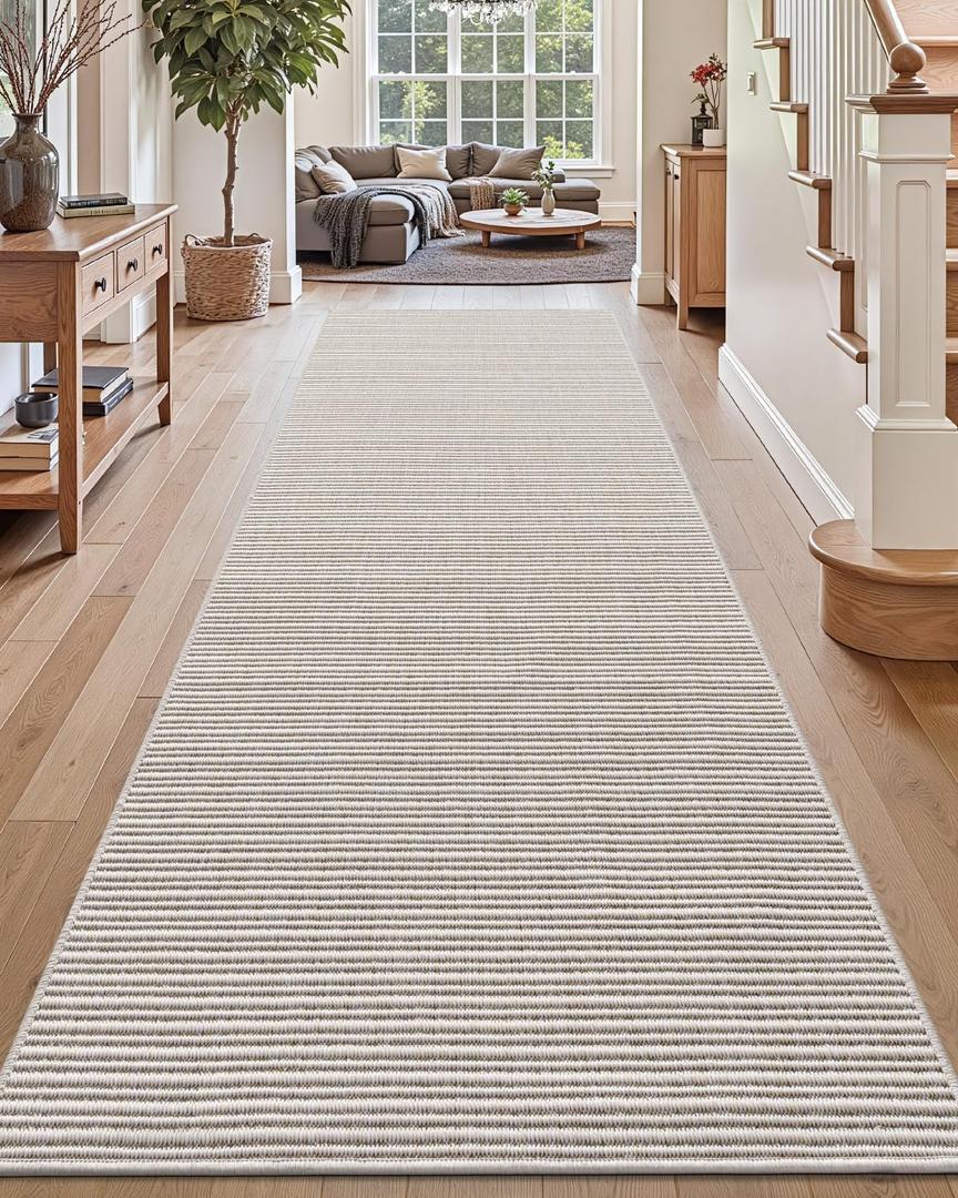 DEXI Hallway Runner Rug 3.3x12, Woven Braided Farmhouse Runner Carpet Indoor, Absorbent Thin Long Entryway Runners for Kitchen, Laundry Room, Patio Entrance, Light Beige-Gray