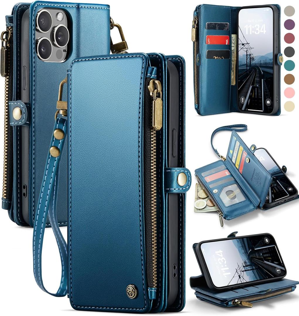 Defencase Compatible with iPhone 13 Pro Max Case Wallet with RFID Blocking Card Holder for Women Men, PU Leather Magnetic Snap Flip Zipper Strap Wallet Phone Case Fit for iPhone 13 Pro Max, Dark Blue