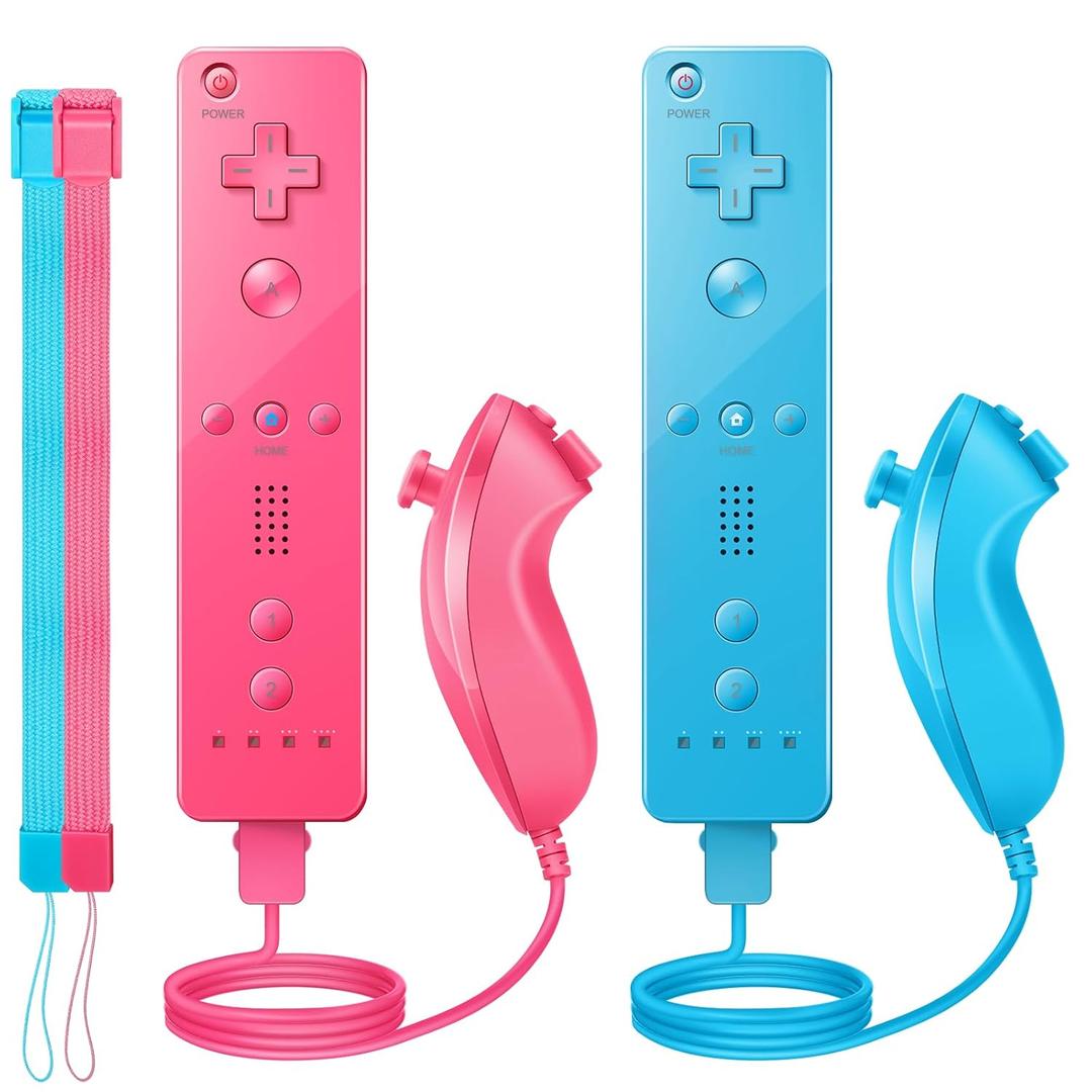 Wii Controller 2 Pack, Wii Remote Controller and Nunchuck Joystick with Silicone Case and Wrist Strap for Holiday (Pink and Blue)
