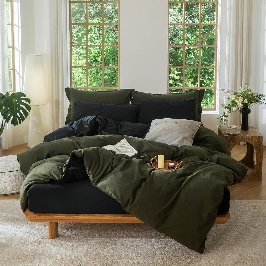 BDEAR 3 Pieces Reversible Duvet Cover Set Queen Size 90''W x 90''L, 100% Washed Cotton Duvet Cover with Zipper Closure Plus 2 Pillowcases, Double Sided with INS Style, Olive Green Plus Black