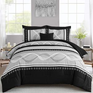 Anibedding Black Comforter Set Queen Size,8 Pieces Boho Bed in a Bag Patchwork Striped Comforter Set, Soft Microfiber Bedding Set for All Season(90"90")