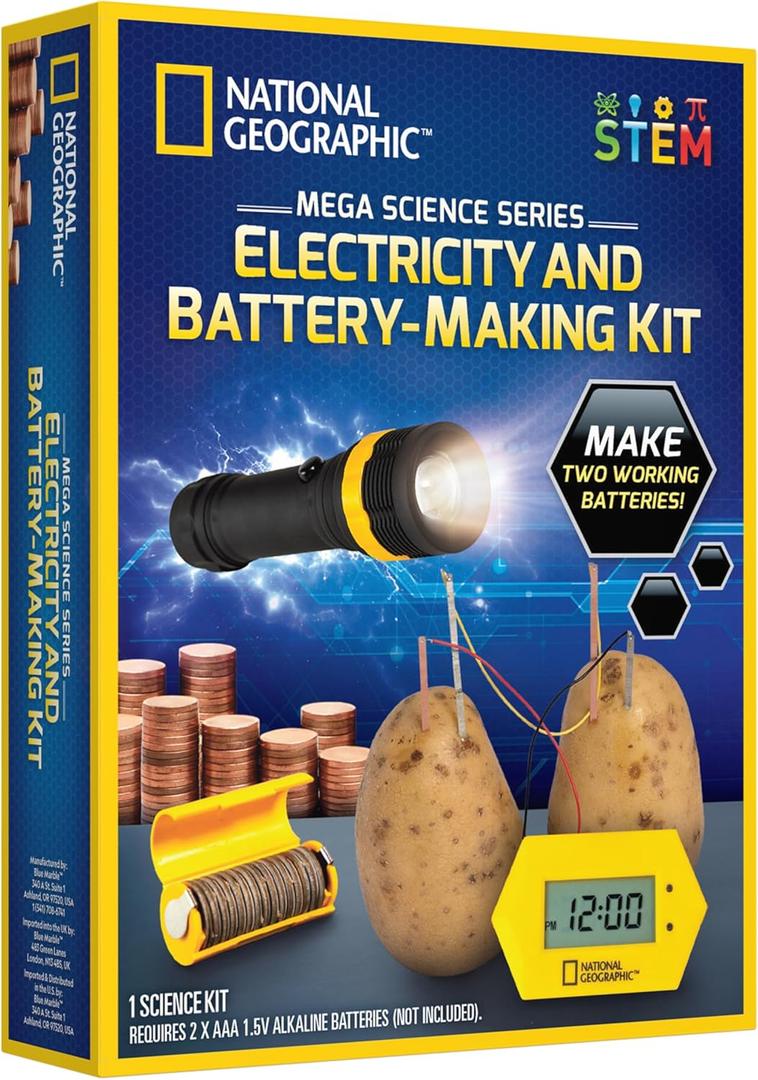 National Geographic Battery Making Kit - Potato Clock and Penny Powered Flashlight Science Kit, 2 Electricity STEM Projects for Kids, Electrical Circuit Toy for Boys and Girls