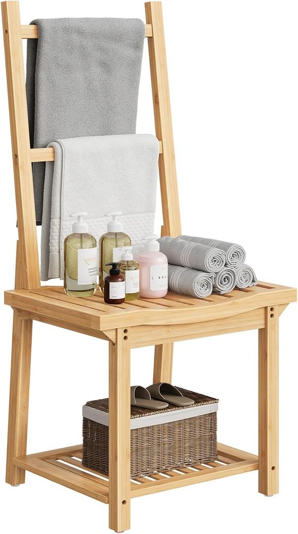 HOOBRO Shower Bench with Shelf & Towel Rack, Waterproof Shower Stool for Inside Shower, Bath Seat with Storage Shelf, Non-Slip Bath Bench Suitable for Seniors, Disabled and Pregnant, Natural YL101CJ01