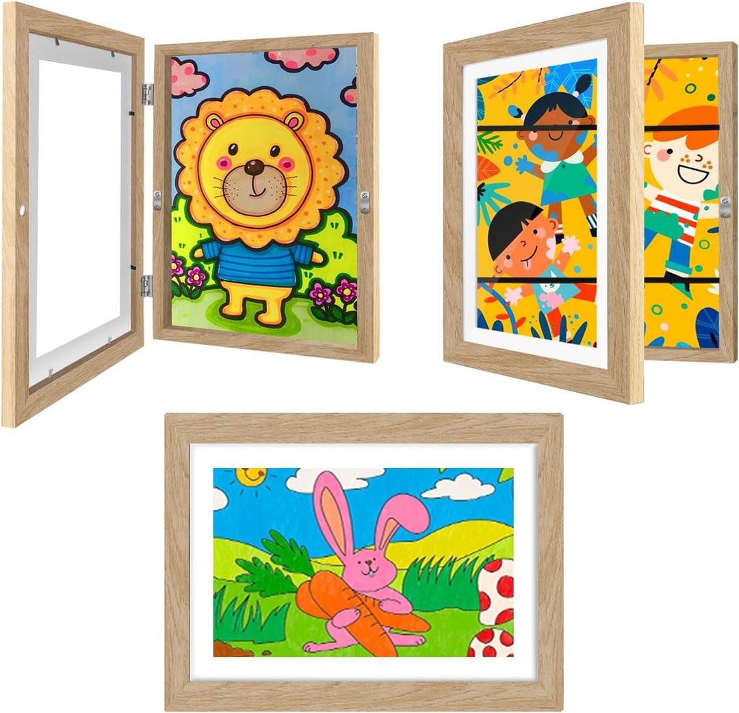 3 Pack Kids Artwork Frames 10x12.5 Inch Changeable Kids Art Frame with Front Opening for Art Display, Horizontally Vertically Wall Mount for Kids Drawing & School Projects (Wood)