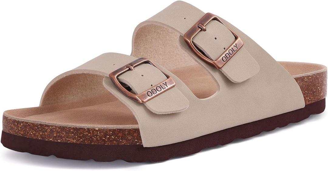 Women's Cork Footbed Slide Sandal, Arch Support Summer Outdoor Sandals with Adjustable Buckle (9, Stone)