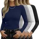 Ficerd 4 Pack Women's Long Sleeve Crop Tops Fitted Crew Neck Tight Shirts Casual Cotton Basic Y2k Going Out Stretchy Tees (Large, Navy Blue, Light Gray, White, Black)