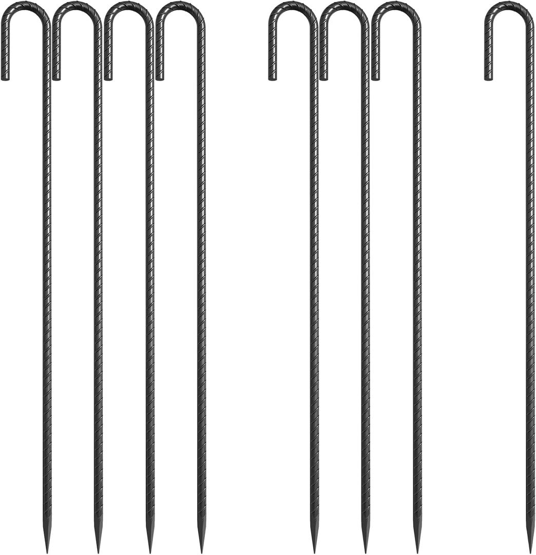 24 Inch J Hook Rebar Stakes 3/8" Thick, 8 Pack Extra Heavy Duty Black E-Coated Steel Ground Anchors for Greenhouse, Carport, Commercial Bounce House, High Wind Areas & Soft Soil