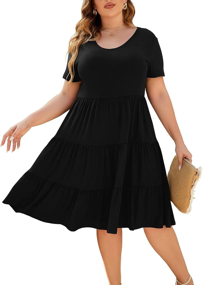 Women's Plus Size Casual Summer Tiered Dresses Short Sleeve Scoop Neck Ruffle Hem Loose Fitting Midi Babydoll Dress (XX-Large Plus, Black)