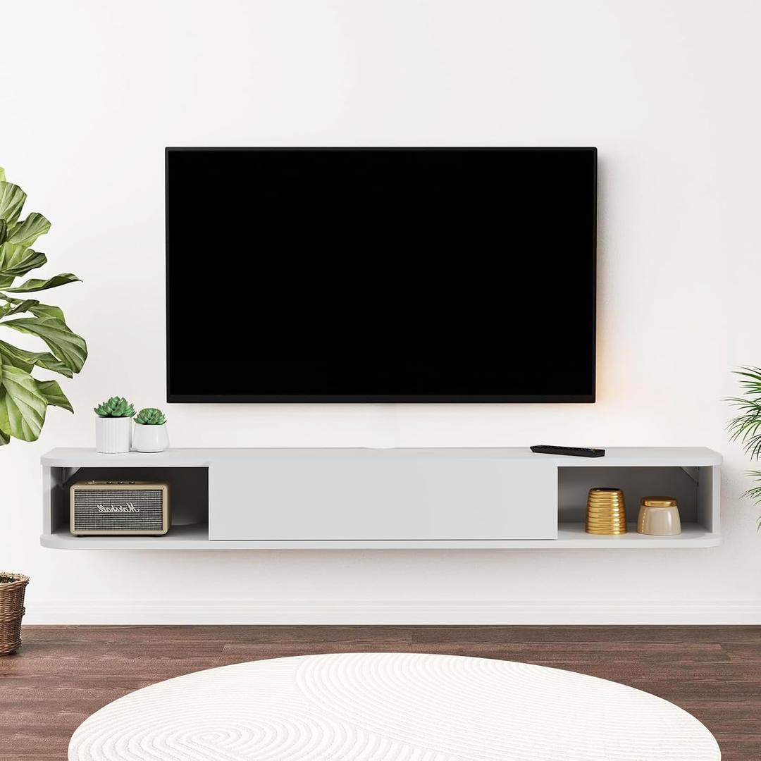 TuckTect Floating TV Shelf, 55'' Wall Mounted TV Cabinet, Floating Shelves with Door, Modern Entertainment Media Console Center Large Storage Under TV (55.11IN, White)