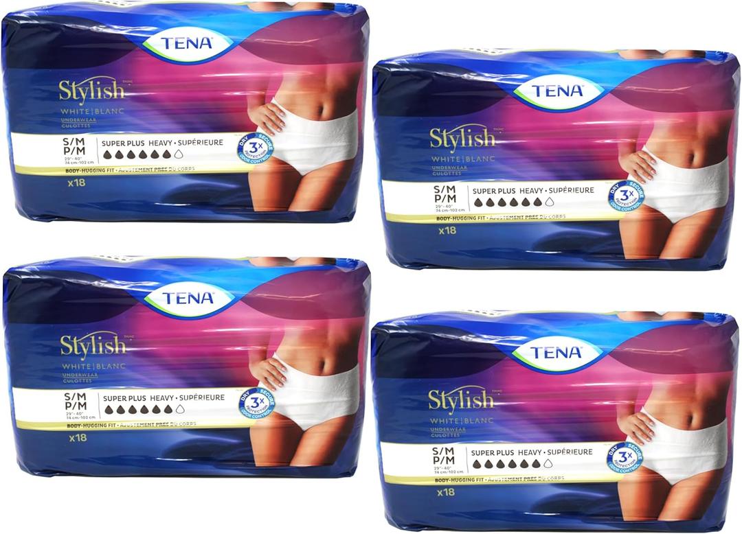 TENA Stylish Super Plus Incontinence Underwear for Women, Heavy Absorbency, Small/Medium, (4 Pack - 72 Total)