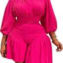 Women's Plus Size 2 Piece Outfits Off Shoulder Long Lantern Sleeve Crop Top and Ruffle Shorts Set (3X-Large, Hot Pink)