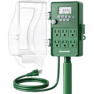 DEWENWILS Outdoor Power Stake Timer, 1800W/15A Digital Timer with 6 Grounded Outlets, 6FT 14/3C Extension Cord, Waterproof Heavy Duty Outlet for Lights, Yard, Garden, ETL Listed (Green)
