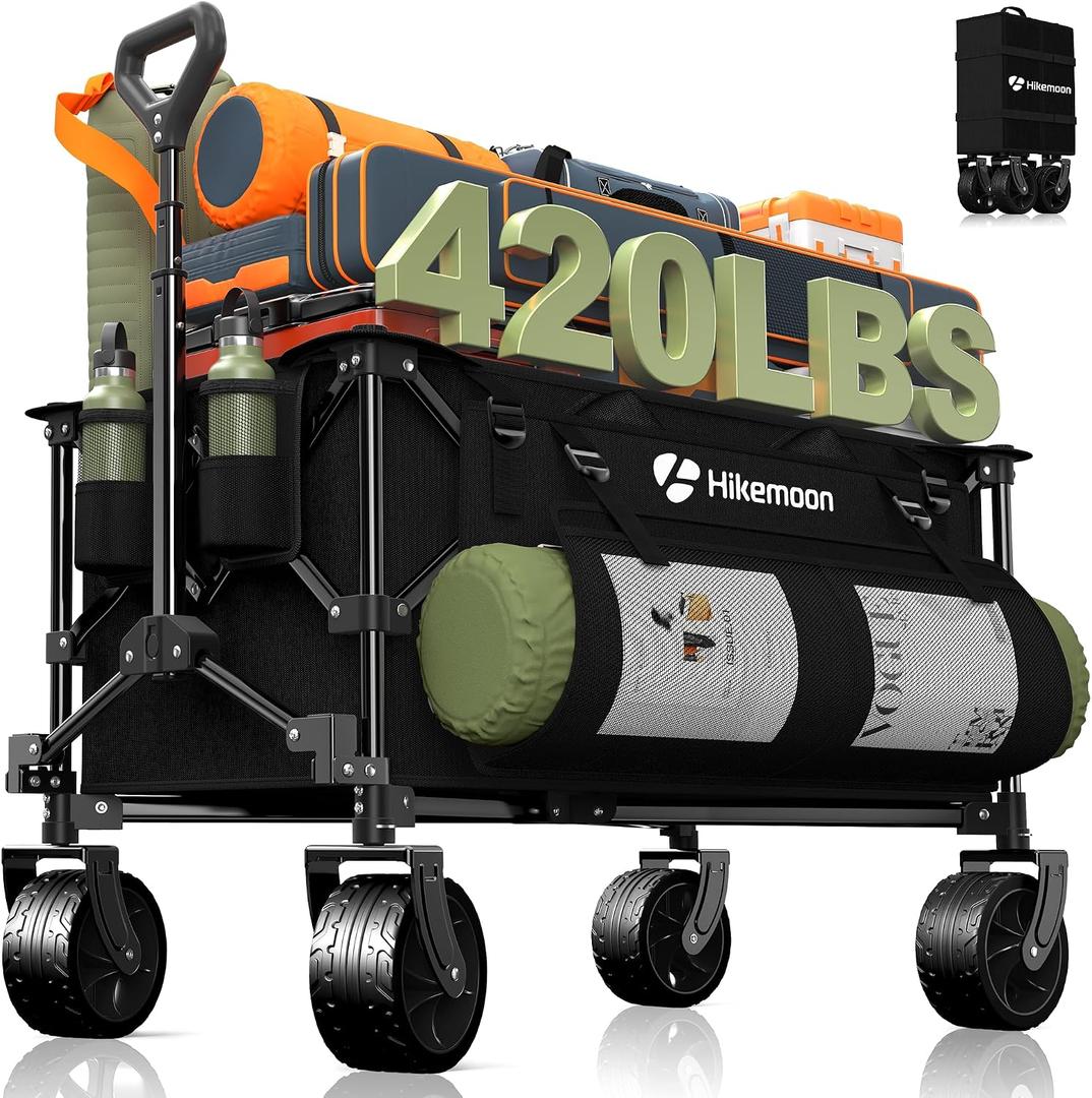 Hikemoon 150L Collapsible Wagons Carts Foldable, 420LBS Heavy Duty Folding Beach Cart with Big All-Terrain Wheels, Portable Utility Wagon for Grocery, Shopping, Garden, Sports, Camping, Black