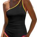 popvil Women's Sexy One Shoulder One Piece Bathing Suits Neon Color Block Swimsuits Slimming Mesh Swimwear (Large, Black)