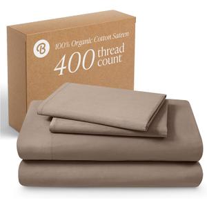 Bare Home 100% Organic Cotton Twin Sheet Set - 400 Thread Count - Smooth Sateen Weave - Breathable & Cooling - Hotel Luxury Set - Deep Pocket Bed Sheets (Twin XL, Taupe)