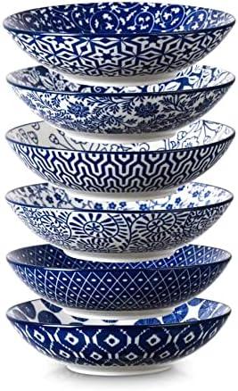 Selamica Porcelain 40oz Large Bowls 9 inch Big Pasta Salad Bowls, Microwave and Oven Safe, Vintage Blue, Set of 4