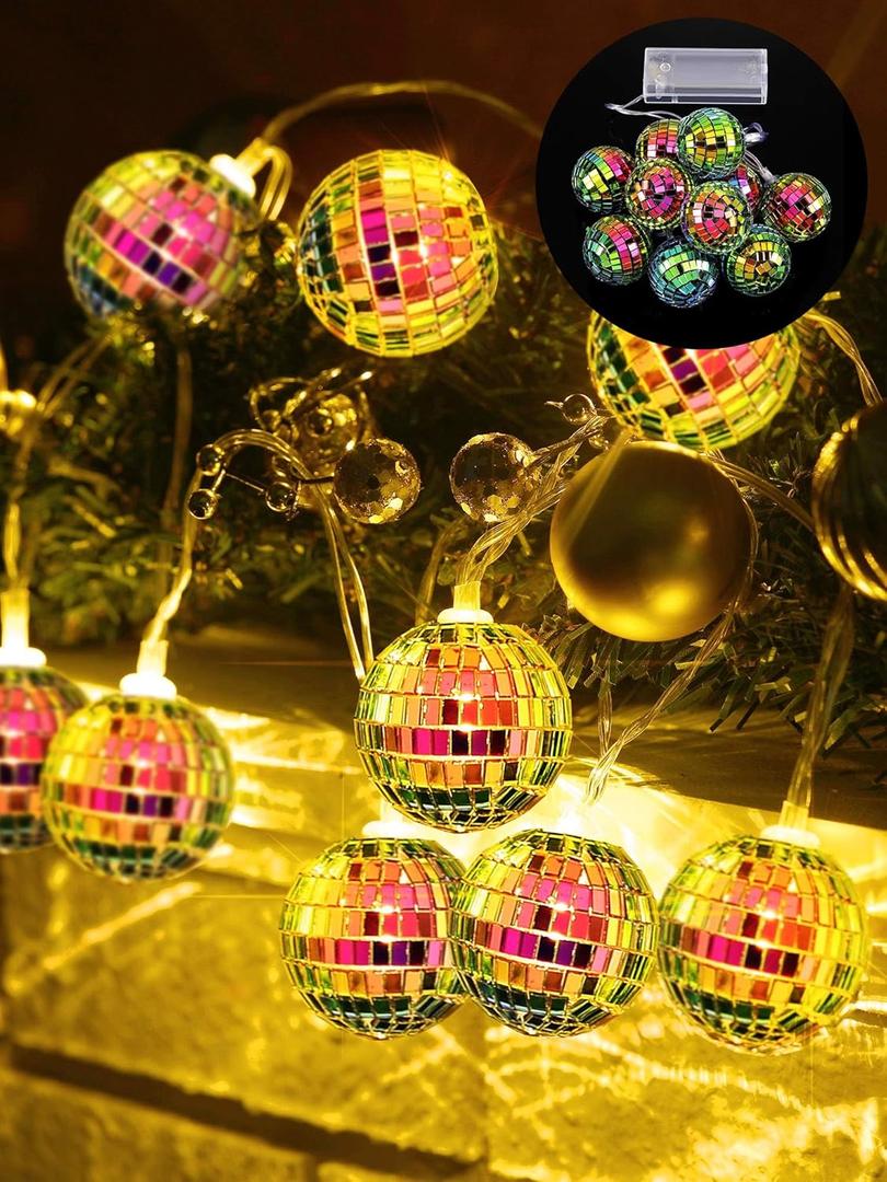 BBTO LED Disco Ball String Light Battery Powered Mirror Balls Ornaments for Outside Backyard Porch 70s 80s Disco Party Supplies(9.84 ft Long,Fantasy Color)