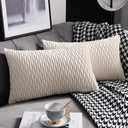 Ivory White Couch Pillow Covers: 2 Pack 12x20 Inch Original Striped Velvet Rectangular Throw Pillow Cases for Farmhouse Home Decor