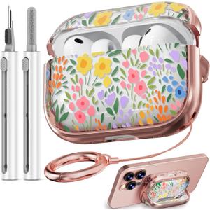 Inesore for AirPods Pro 3 Case 2025 with Lock, Floral Cute AirPod Pro 3 Generation Case for Women Girly with Cleaner Kit and Keychain-Seven Color Flower