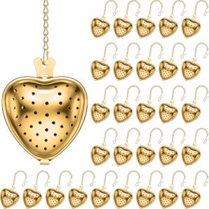 Sumind 50 Pcs Stainless Steel Tea Strainer Ball Infuser Loose Leaf Steeper Interval Diffuser Heart Shape Mesh Filters with Extended Chain Hook for tea party Seasonings Cup Bottle(Gold)