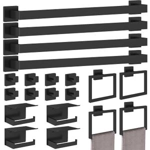 STWWO 20-Pieces Matte Black Bathroom Hardware Set, 24 Inch Bath Towel Bar Set, Stainless Steel Towel Racks for Bathroom Wall Mounted