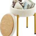 Vanity Stool Chair with Storage Multi-Functional Makeup Stool & Side Table Teddy Velvet, 4cm Foam Support Storage Chairs, 300lb Capacity for Bedroom Living Room Dressing Room (White+Gold)
