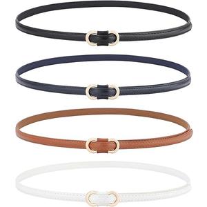 AWAYTR 4 Pack Women Skinny Belt - No Hole Fashion Thin Waist Belt for Dress Jeans Coats with Gold Buckle