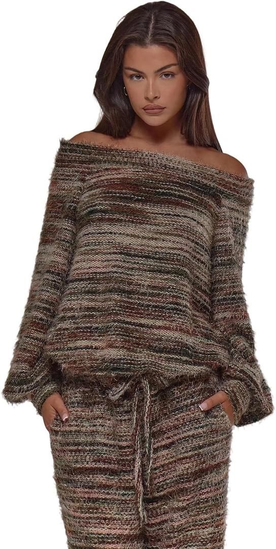 MakeMeChic Women's Striped Off The Shoulder Sweater Fuzzy Long Sleeve Knitted Pullover Tops (Gray) M