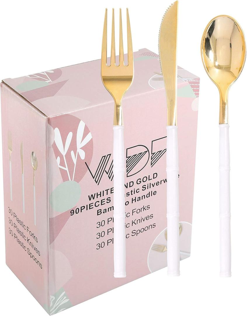 WDF 90Pieces Gold Plastic Silverware-Gold Plastic Cutlery with White Handle- Heavy Duty Silverware Include 30Forks, 30 Spoons, 30 Knives for Parties Valentine's Day