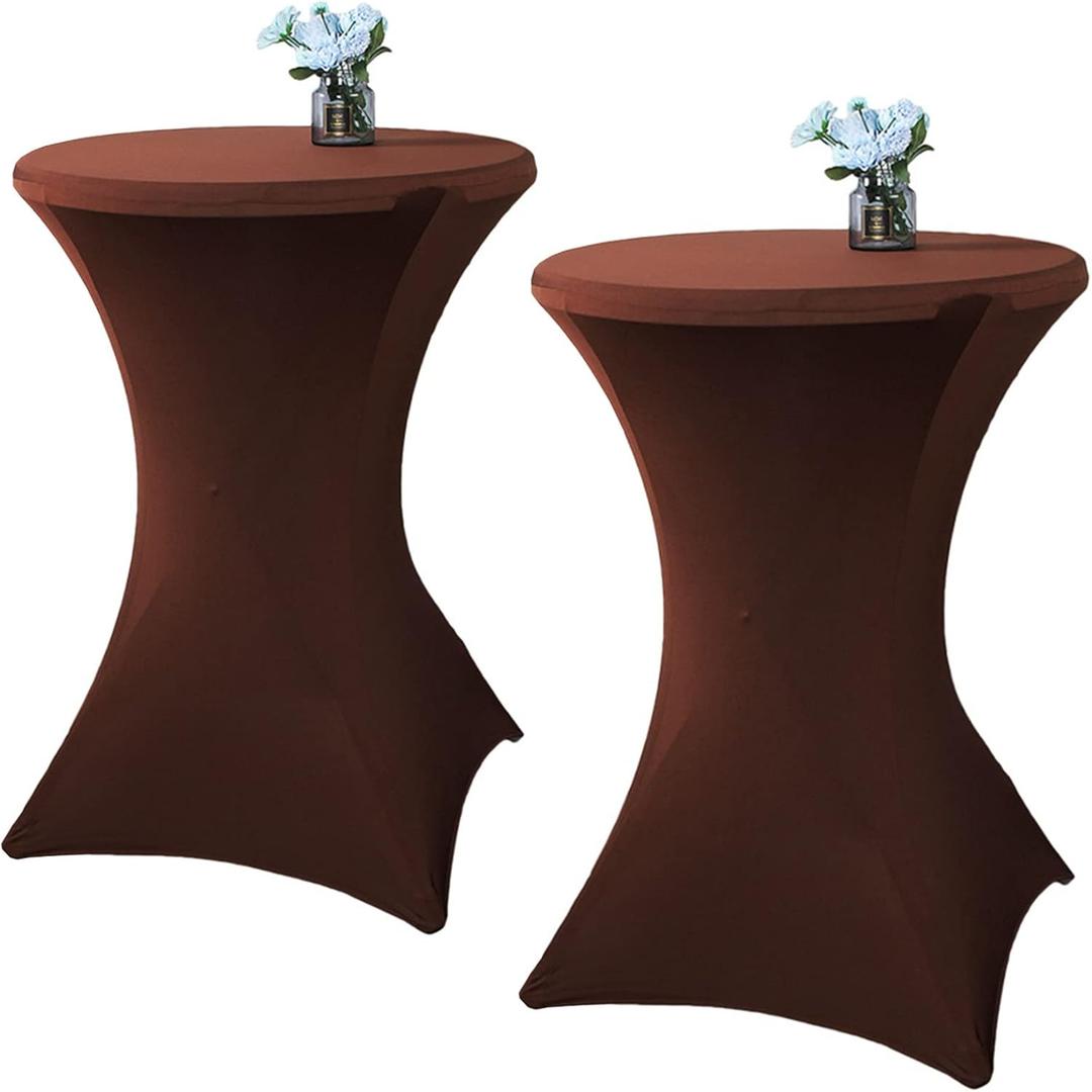 2 Pack 32x43 Inch Brown Cocktail Tablecloth Spandex Round Fitted Table Cover for Wedding Banquet Event Party