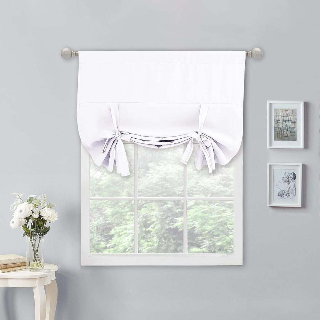 NICETOWN Tie Up Shade - Room Darkening Tie Blind for Small Windows Curtain Valance Balloon Decorative Panel for Kitchen, 34 inches x 45 inches, Pure White, 1 Piece